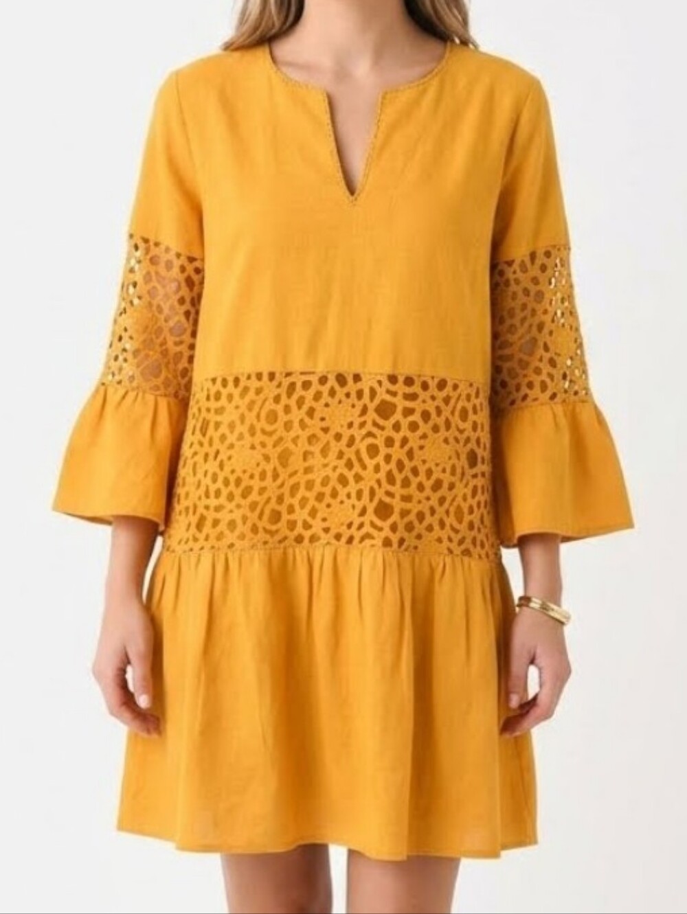 Tyler Boe Mustard Gold Izzy Eyelet Bell Sleeve Dress M Cotton